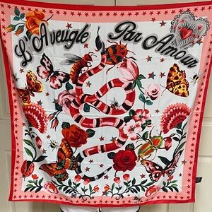 Gucci Red and White Silk Scarf with Floral and Butterfly Design